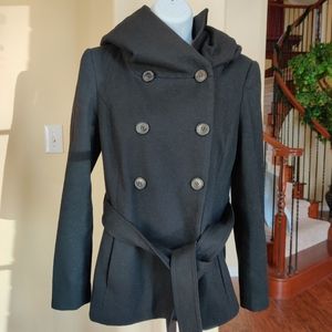 Zara Basic Hoodie Double Breasted Black Coat